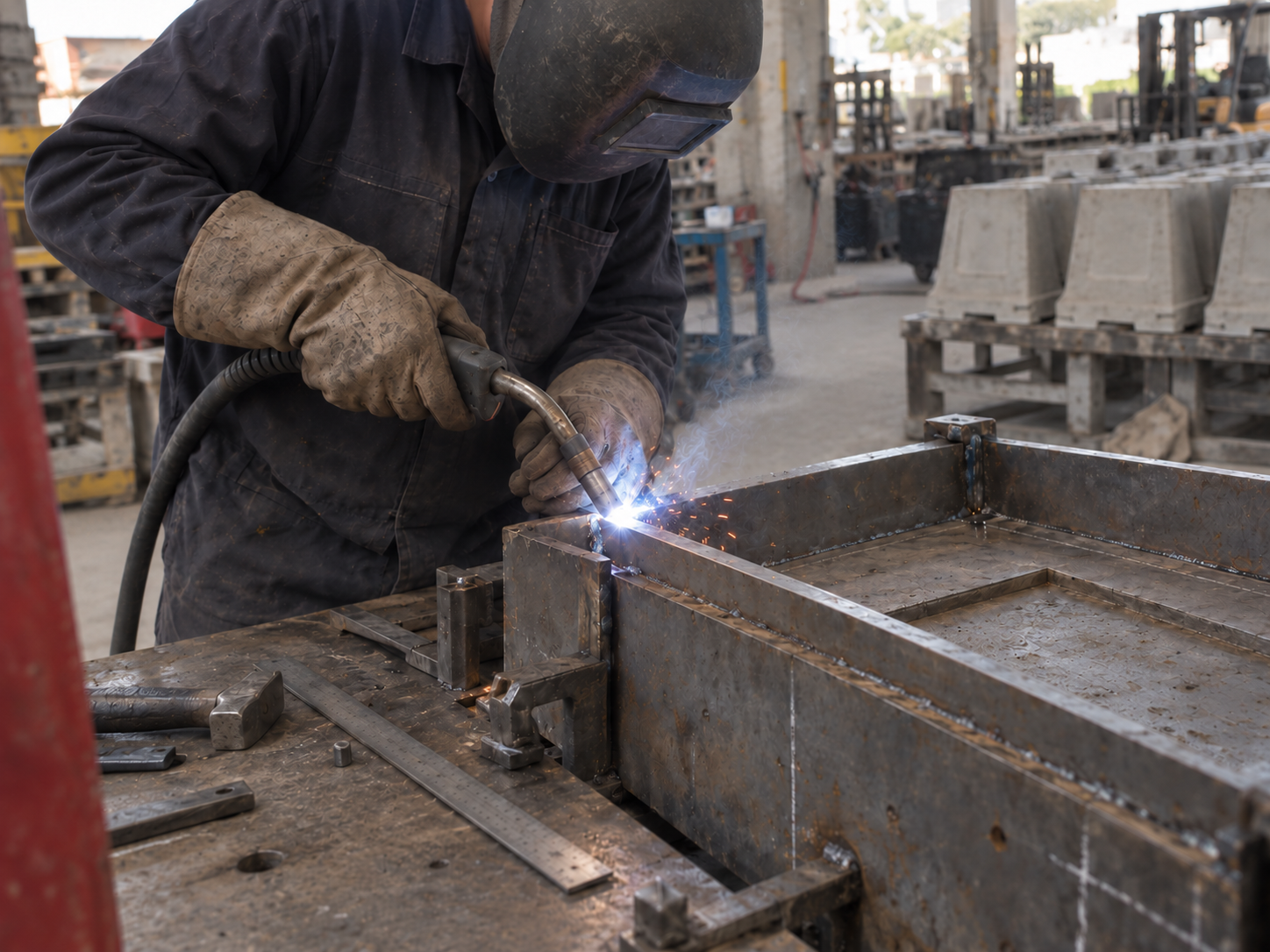 Fabricator welding a steel mould in the workshop